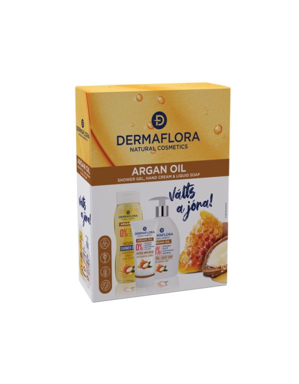 Darčeková sada Dermaflora 0% (tekuté mydlo + krém na ruky + sprchový gél) s arganovým olejom